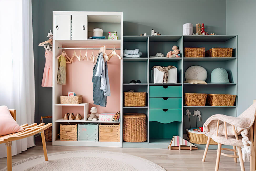 Cozy and organized children's room interior with pastel-colored storage shelves, hanging clothes, baskets, toys, and a playful seating area against a soft gray wall.