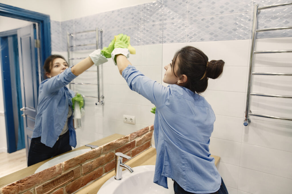 Woman in blue shirt cleaning a bathroom mirror with a spray bottle and cloth, while wearing green gloves. The bathroom has a modern design with blue doors, white tiles, and a brick accent by the sink.