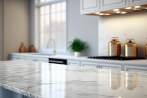 Elegant kitchen interior with marble countertop in focus, blurred background featuring white cabinetry, gold accents, and decorative plants, ideal for food product display presentations.