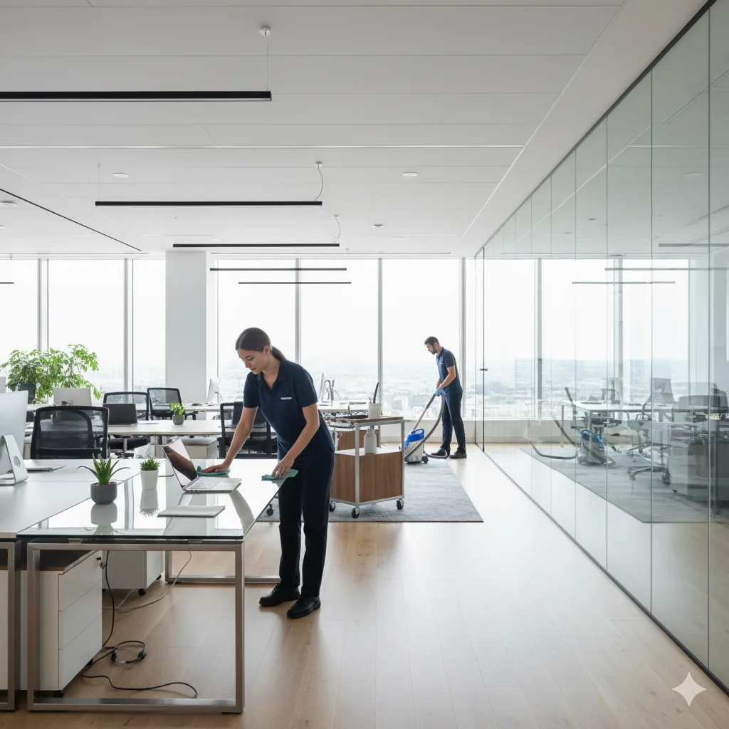 Two people clean a modern, bright office with glass walls; one wipes a desk while the other vacuums the floor.
