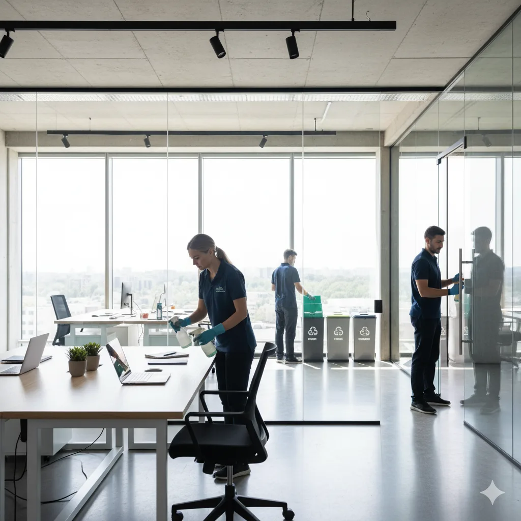 People clean and organize a modern, glass-walled office with desks, laptops, and recycling bins. Large windows provide natural light and a city view.