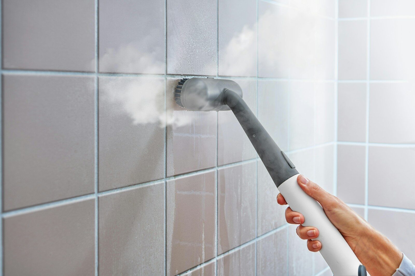 Steam cleaner sanitizing tiled wall in bathroom