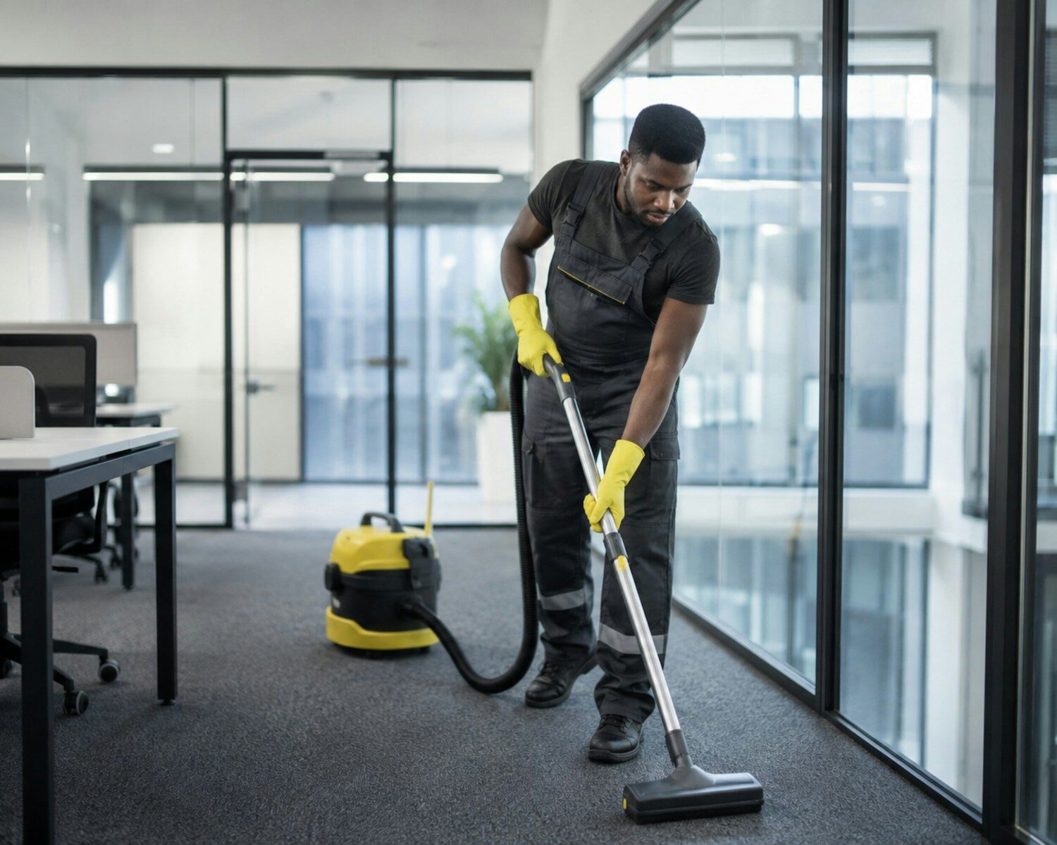 A man in yellow gloves vacuums a carpeted office floor