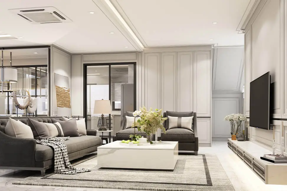 Elegant living room with neutral tones, sophisticated furnishings, and decorative plants, featuring a flat-screen TV on the wall.