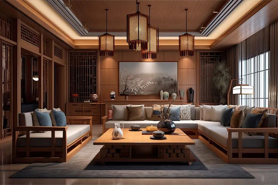 Luxurious cleaned living room with wooden accents, modern chandeliers, and plush seating arrangements.