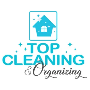 Logo for “Top Cleaning & Organizing” featuring a blue house icon with sparkles and the company name in bold blue and cursive black lettering.