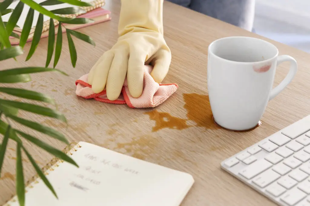 The image depicts a scene on a wooden desk where a spill has occurred near a white mug, leaving a stain that resembles that of turmeric. A person's hand, clad in a pale yellow cleaning glove, is wiping up the spill with a cloth. Surrounding the scene are various items like a spiral notebook, which has a list that's partially visible, and some plant foliage. The overall setting suggests an accidental spill during a moment of work or study, with immediate cleanup underway.