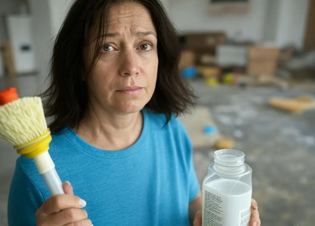 Woman holding a scrub brush and a bottle, standing in a cluttered room realizing common cleaning mistakes
