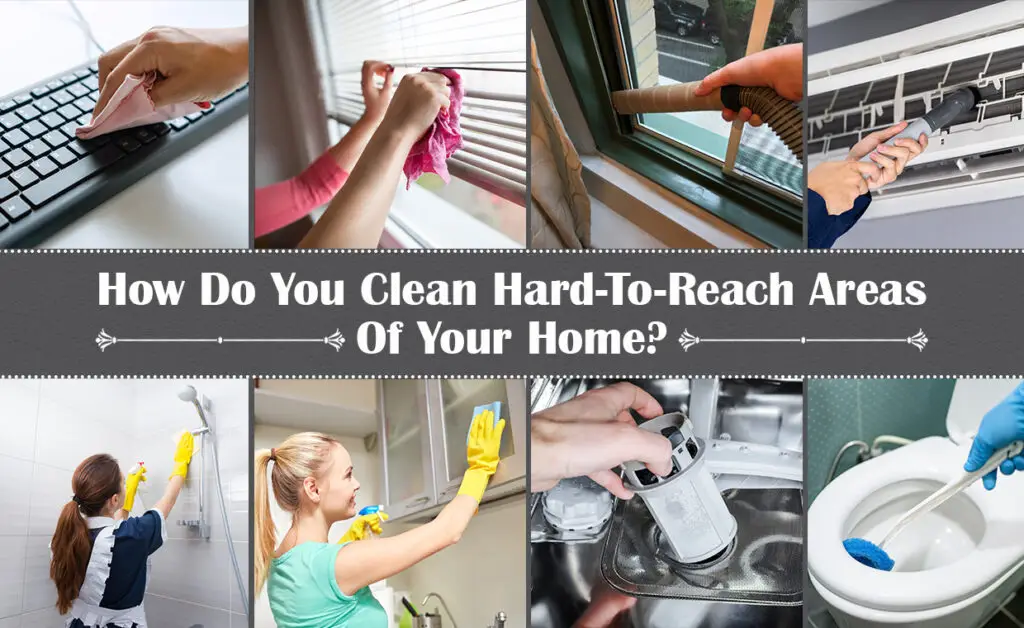 Woman cleaning hard to clean areas behind kitchen appliances with microfiber cloth